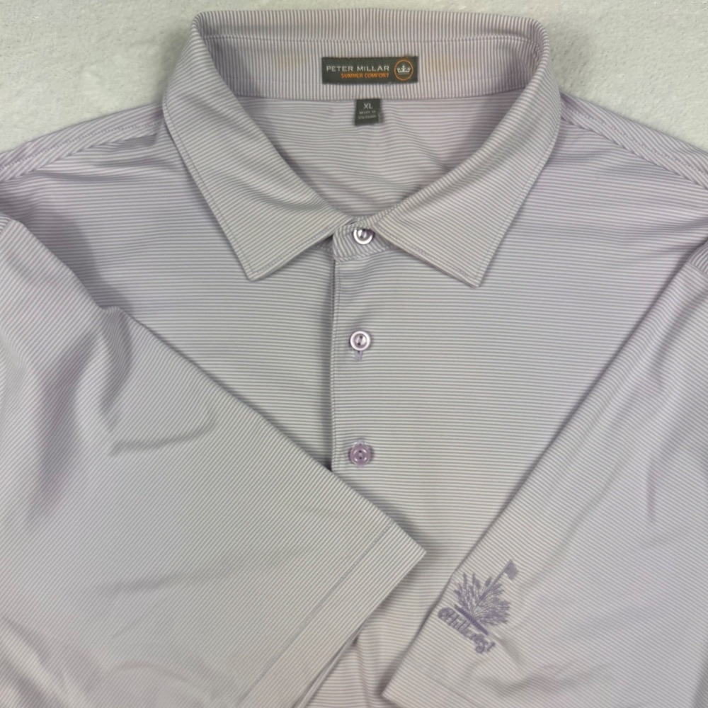 Peter Millar Summer Comfort Polo Shirt Mens XL Purple Stripe Hillcrest Golf Logo